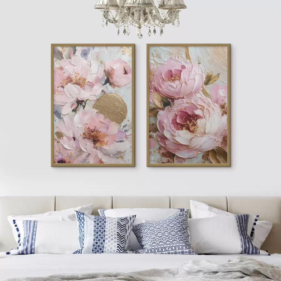 murales de pared Pintura empastada volumétrica con peonías rosas y detalles texturados d00573
