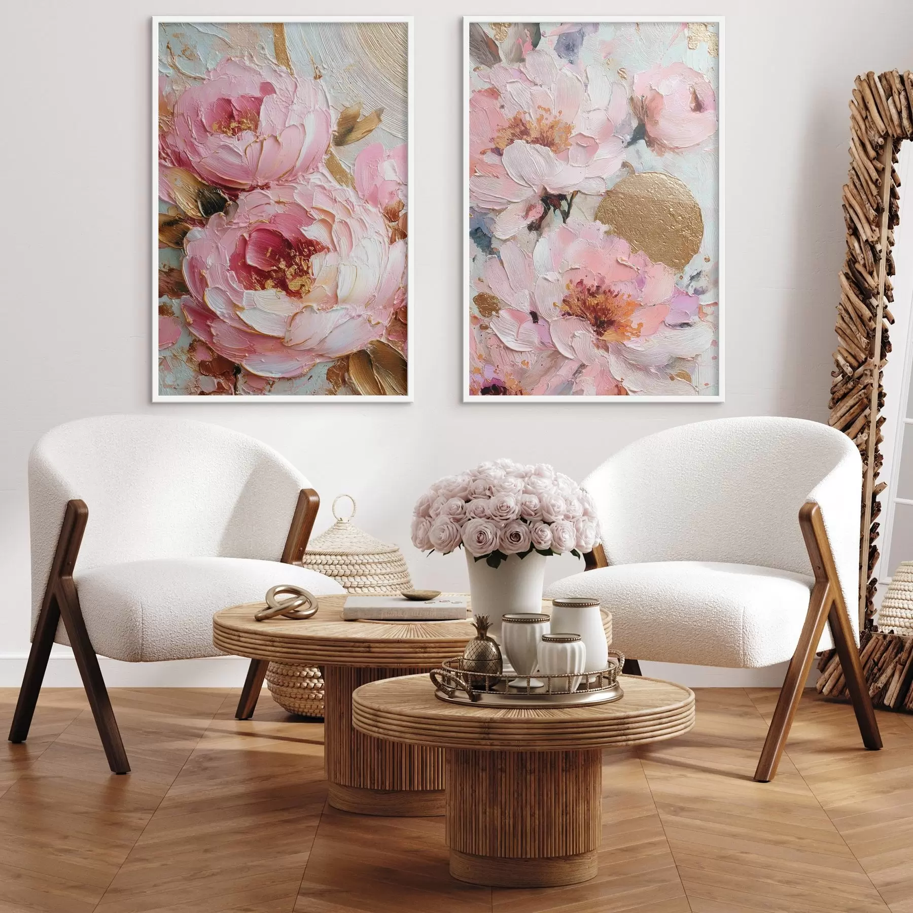 murales de pared Pintura empastada volumétrica con peonías rosas y detalles texturados d00573