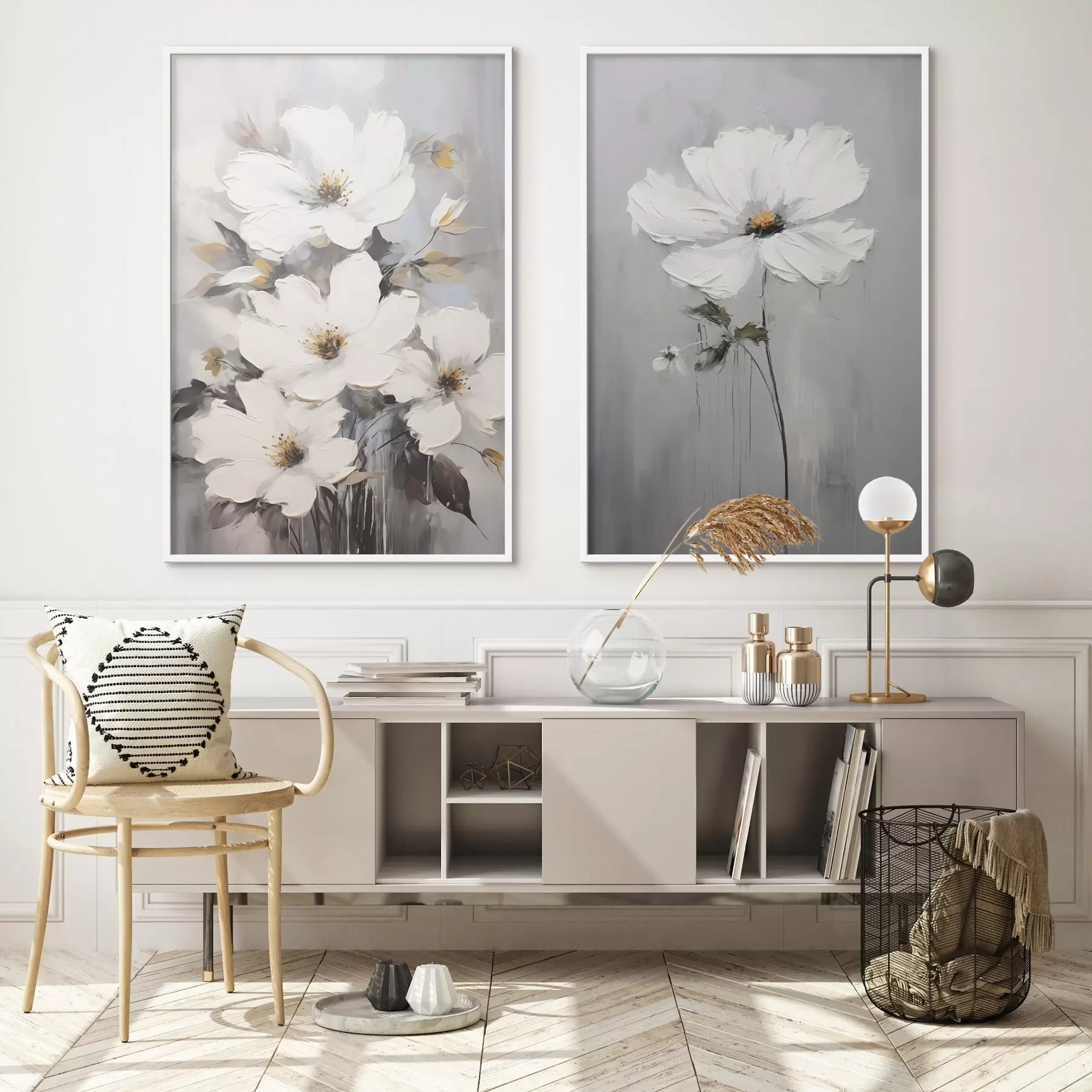 murales de pared Composición artística con flores blancas y superficie texturizada de estilo minimalista d00574