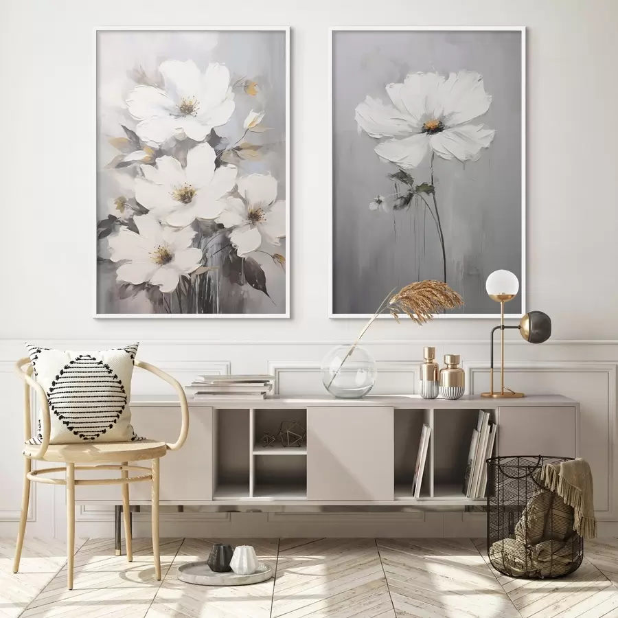 murales de pared Composición artística con flores blancas y superficie texturizada de estilo minimalista d00574