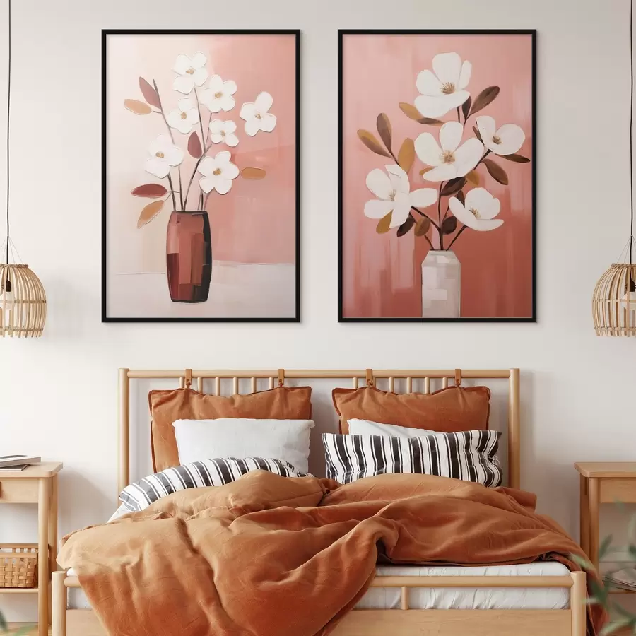 murales de pared Composición con jarrones contrastados y flores blancas texturizadas d00575