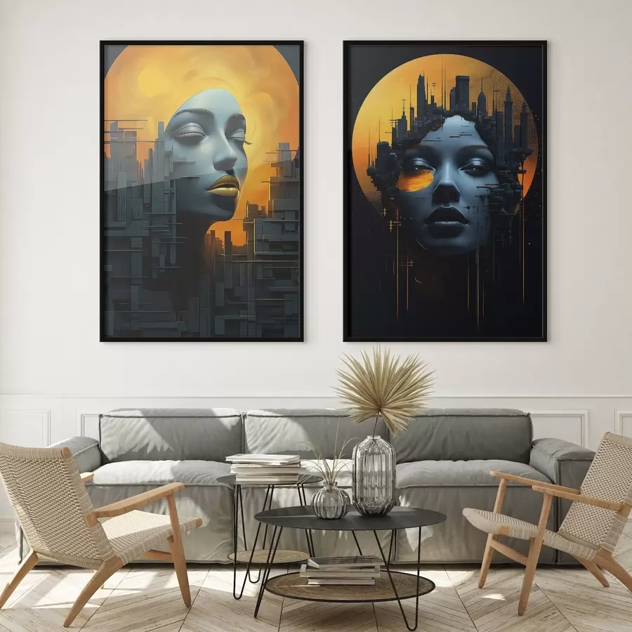 murales de pared Retrato de niña sobre fondo abstracto de ciudad d00618