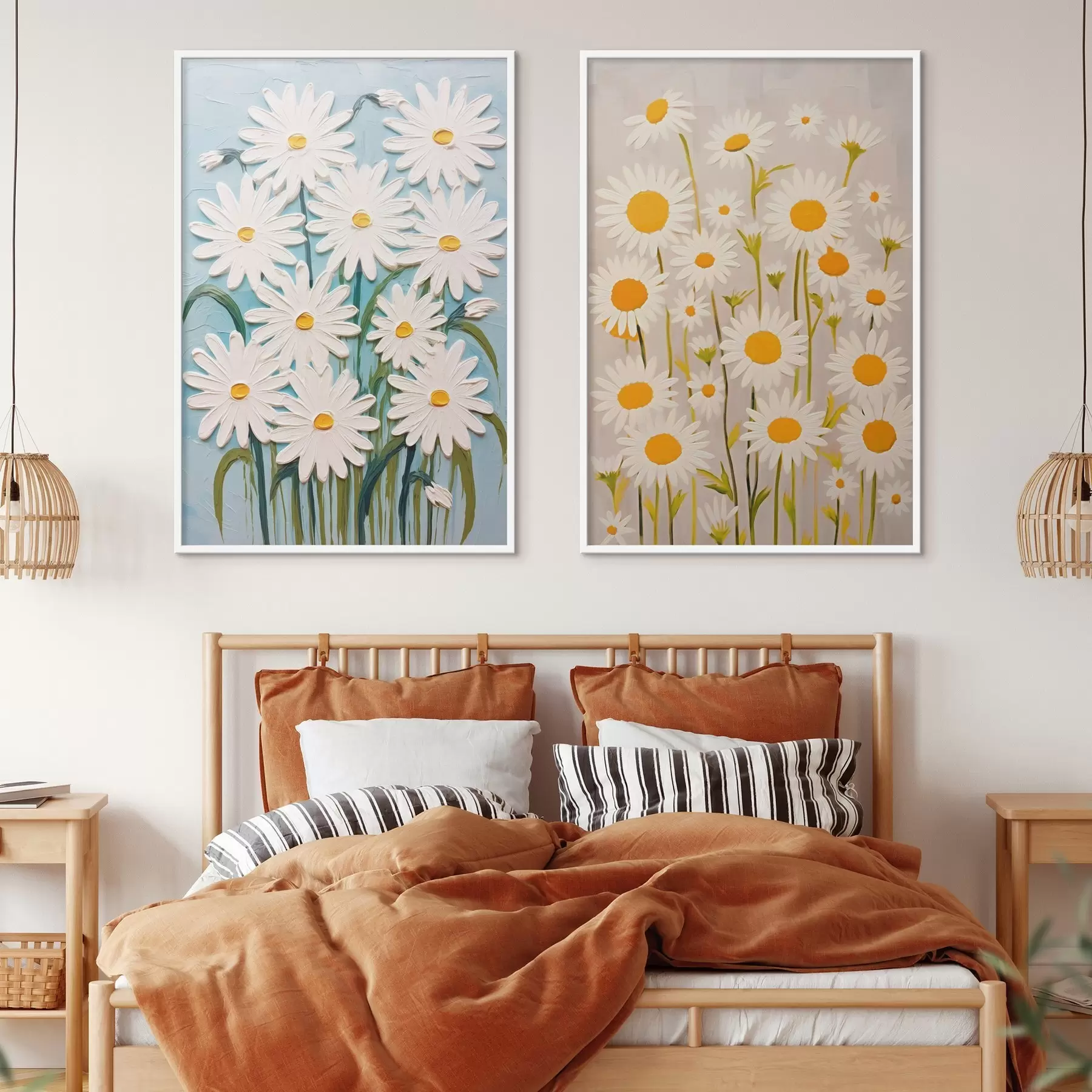 murales de pared Frescor primaveral: díptico con voluminosas margaritas en estilo empastado d00633