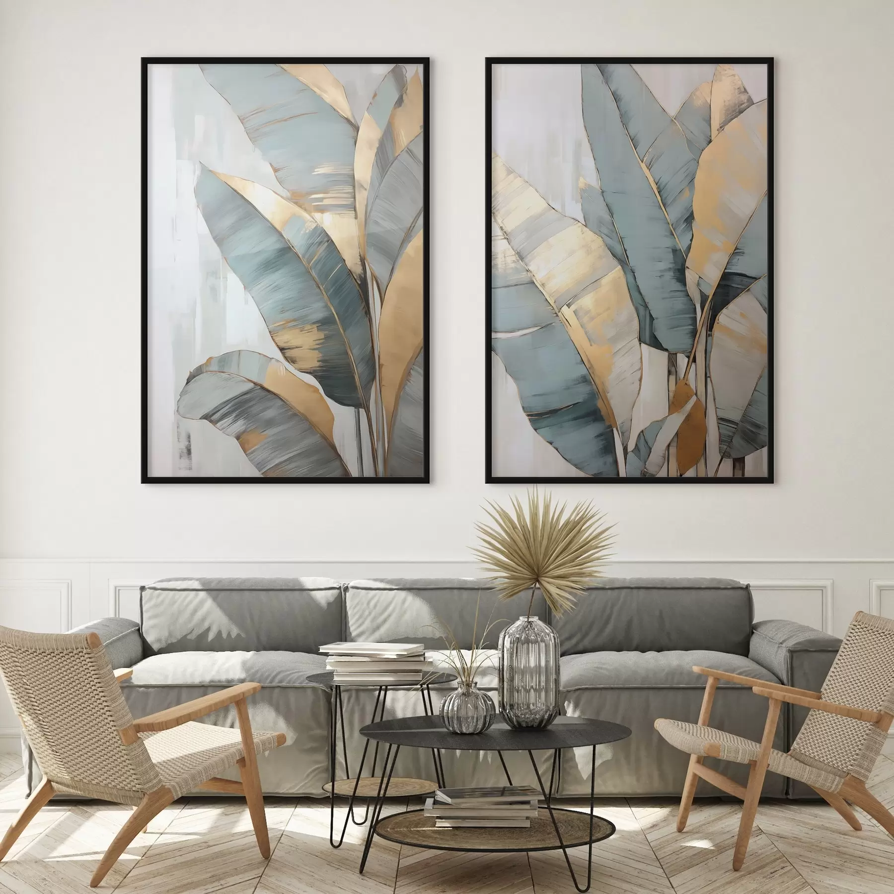 murales de pared Conjunto de hojas de plátano azules, grises y amarillas con pinceladas visibles, sobre un fondo blanco abstracto d00645