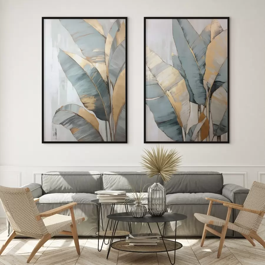 murales de pared Conjunto de hojas de plátano azules, grises y amarillas con pinceladas visibles, sobre un fondo blanco abstracto d00645