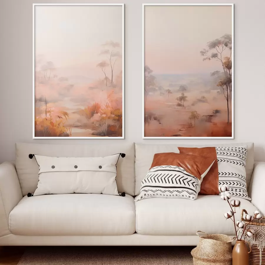 murales de pared Un paisaje con arbustos y árboles en tonos rosas, naranjas y marrones, con montañas al fondo d00646