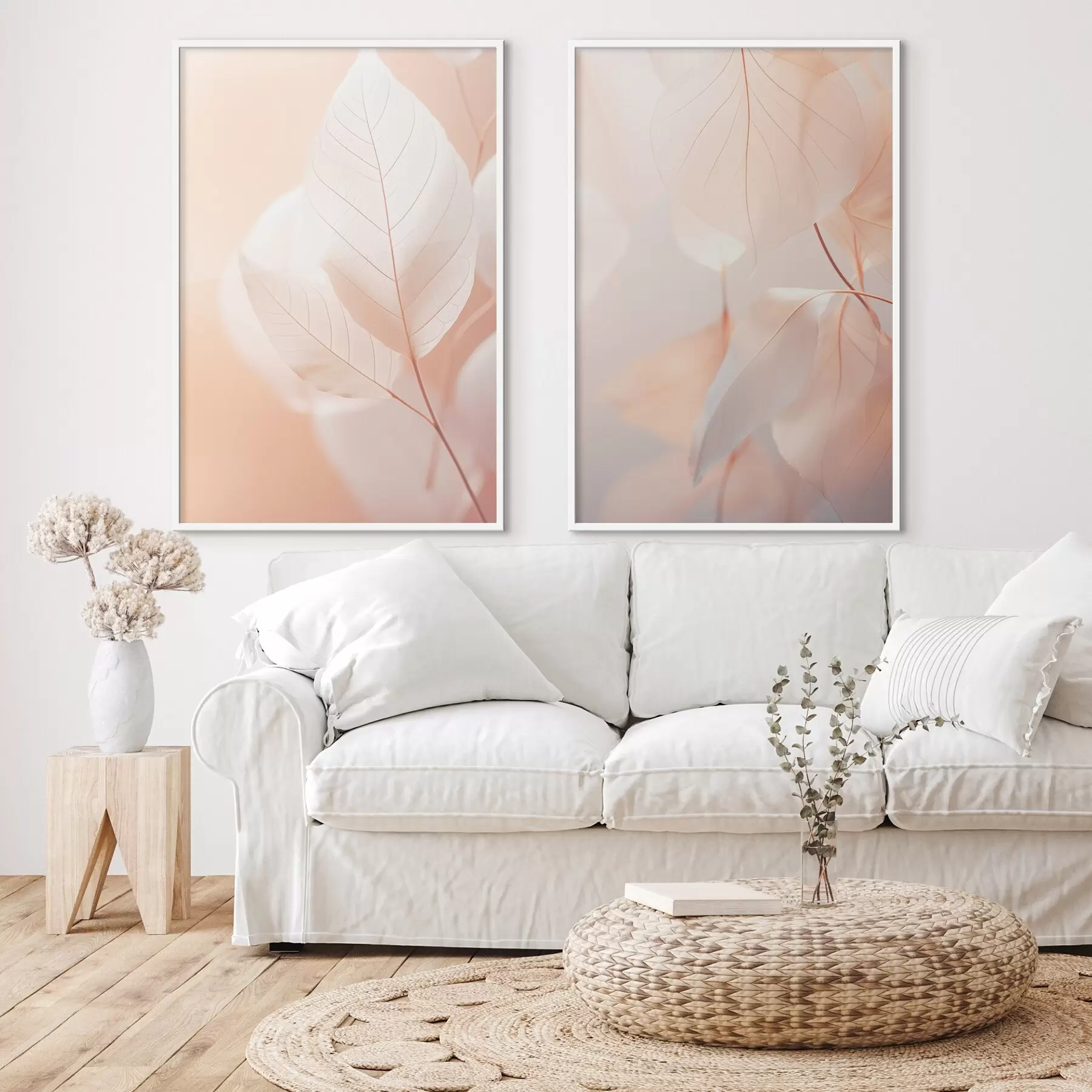 murales de pared Primer plano de hojas translúcidas con delicadas venas, suave paleta de colores melocotón y blanco, fondo difuminado d00647