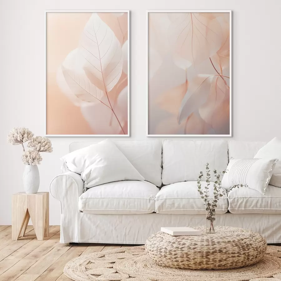 murales de pared Primer plano de hojas translúcidas con delicadas venas, suave paleta de colores melocotón y blanco, fondo difuminado d00647