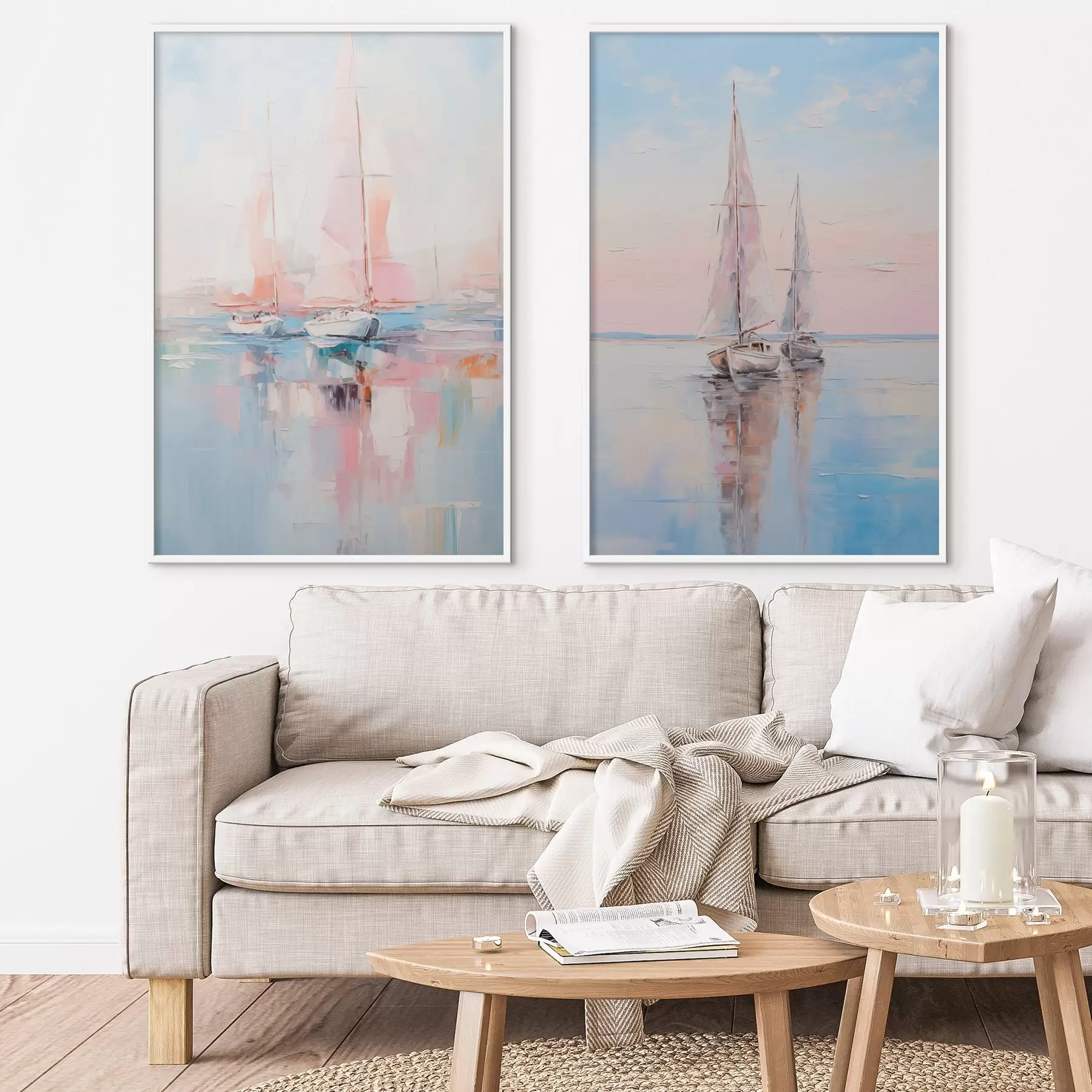 murales de pared Veleros con velas rosas flotando en un mar en calma, reflejos de los barcos en el agua, suaves colores pastel d00648