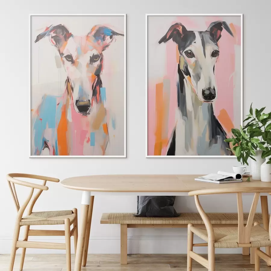 murales de pared Un perro galgo, pintado con colores vibrantes como el naranja, el rosa y el azul, sobre un fondo blanco liso d00652
