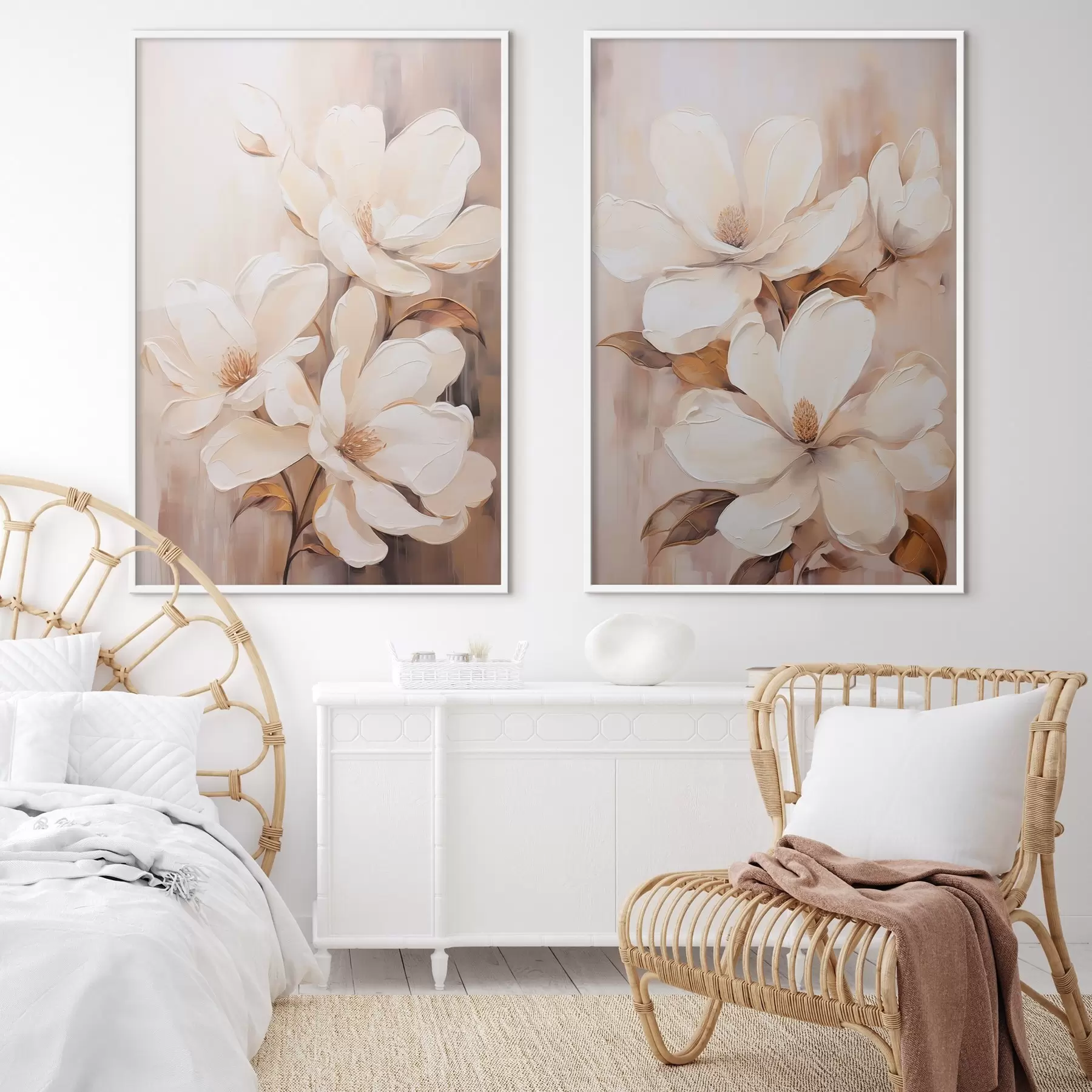 murales de pared Flores blancas de magnolia sobre un fondo suave y difuminado de tonos beige y marrones, estilo pintura d00655