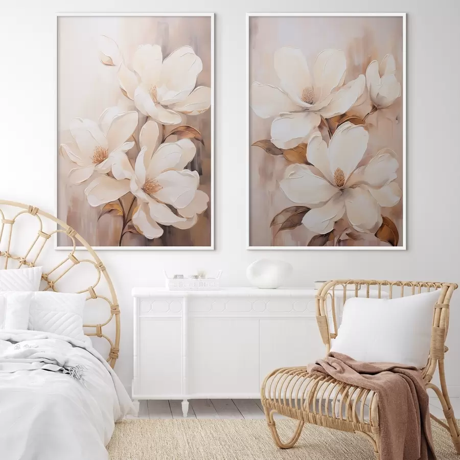 murales de pared Flores blancas de magnolia sobre un fondo suave y difuminado de tonos beige y marrones, estilo pintura d00655