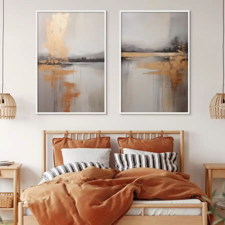 murales de pared Un paisaje abstracto con un lago, un árbol y niebla amarilla , el agua se refleja y el cielo nublado d00657