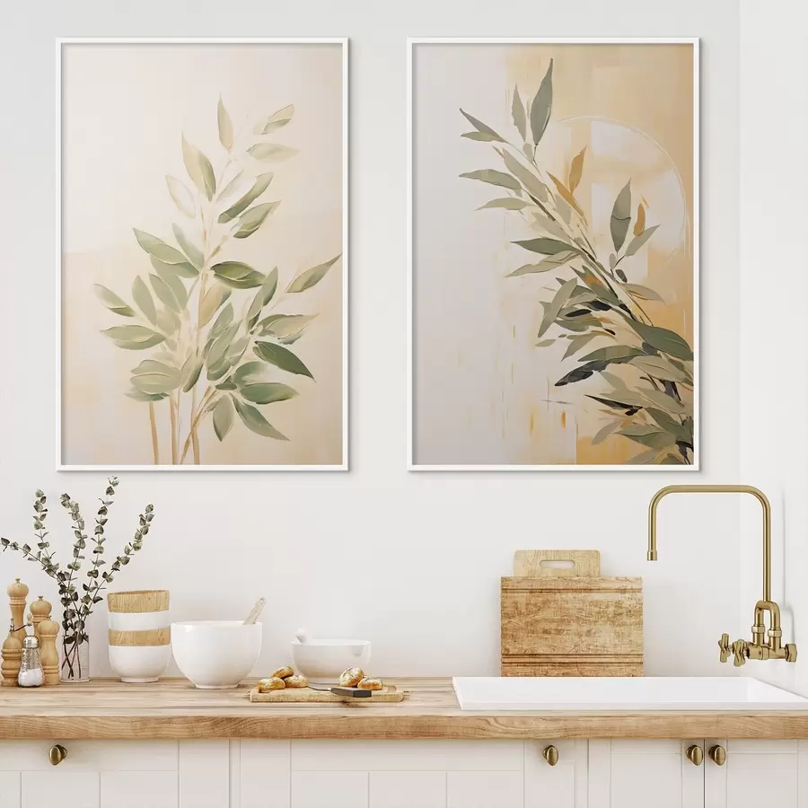 murales de pared Rama botánica con hojas verdes sobre fondo cálido d00686