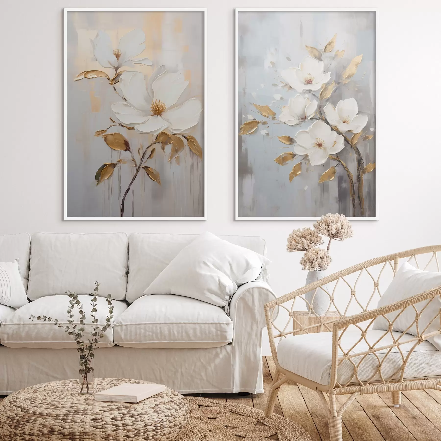 murales de pared Dos flores blancas con hojas amarillo-naranja sobre fondo claro d00687