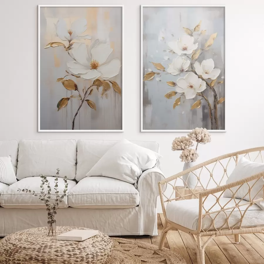 murales de pared Dos flores blancas con hojas amarillo-naranja sobre fondo claro d00687