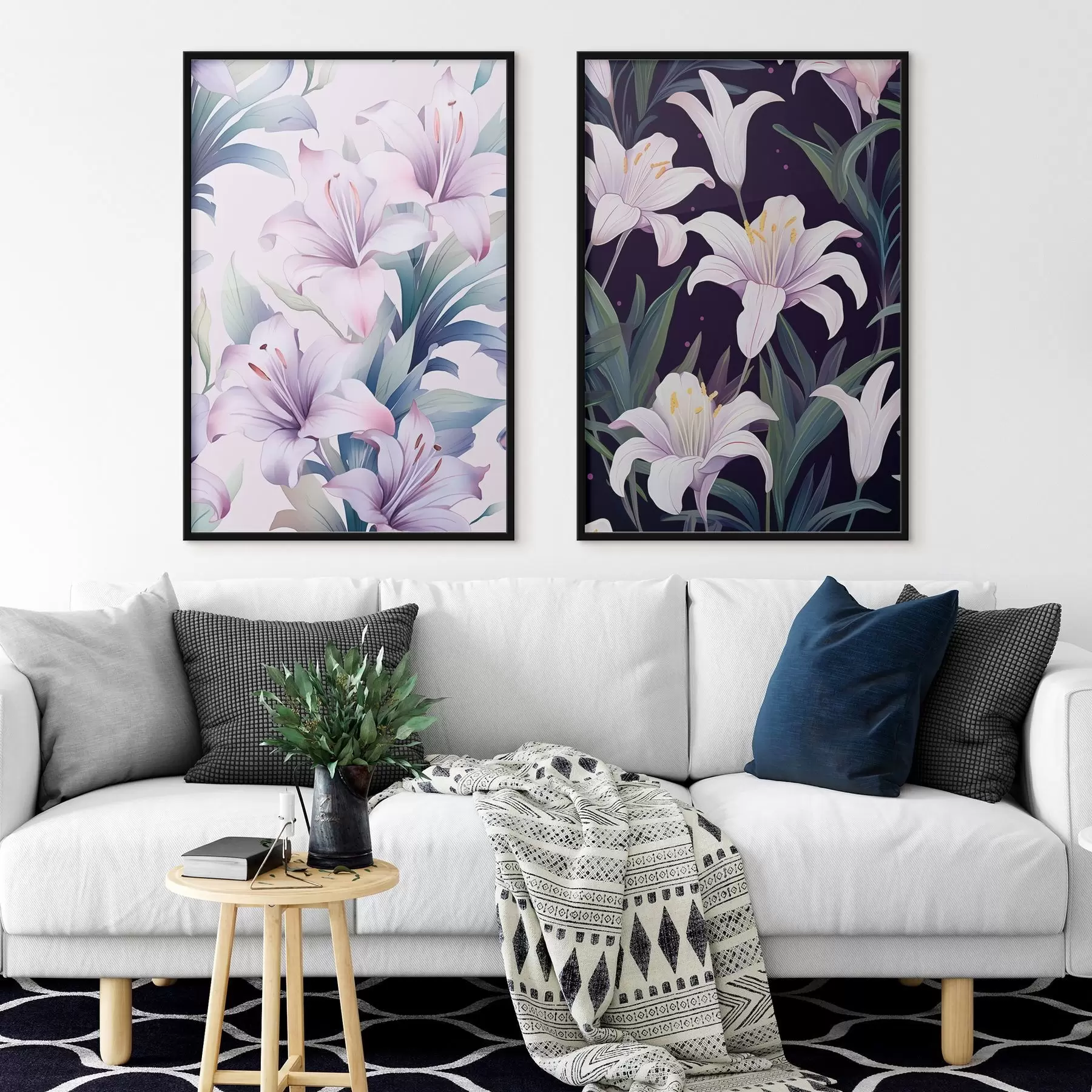 murales de pared Delicados lirios rosas con hojas verdes sobre fondo claro y oscuro d00689