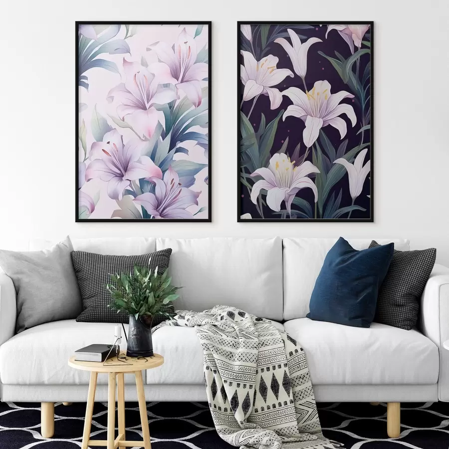 murales de pared Delicados lirios rosas con hojas verdes sobre fondo claro y oscuro d00689