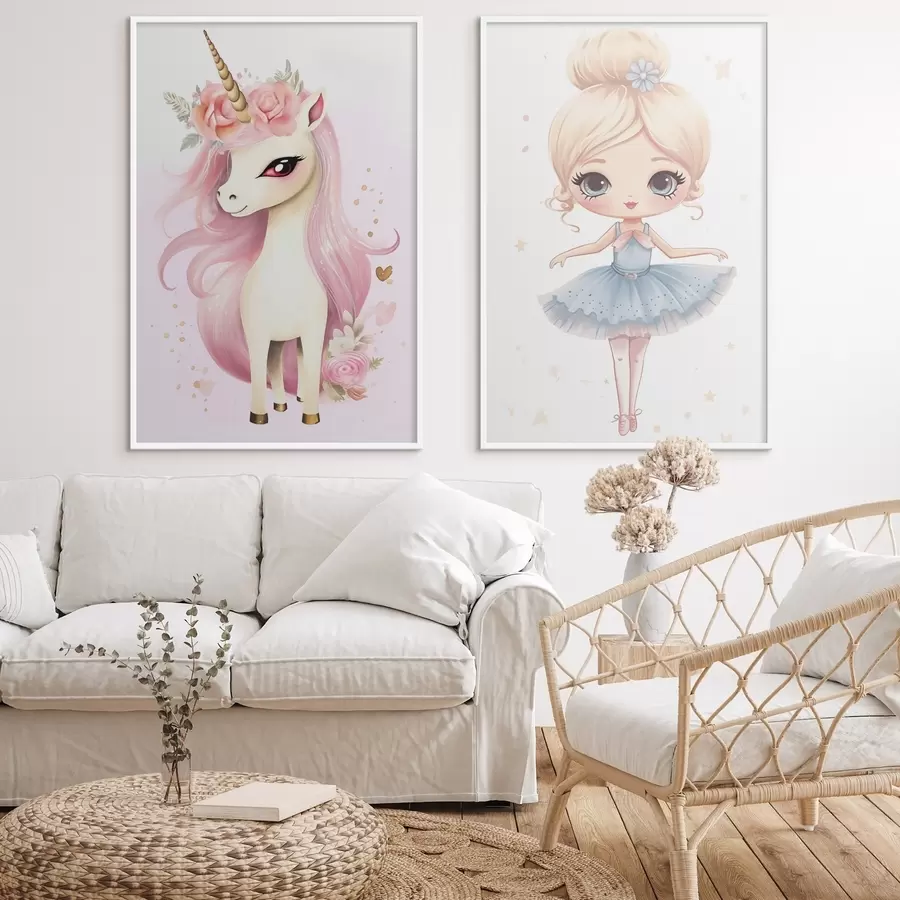 murales de pared Muñeca bailarina con vestido azul y unicornio con melena rosa d00692