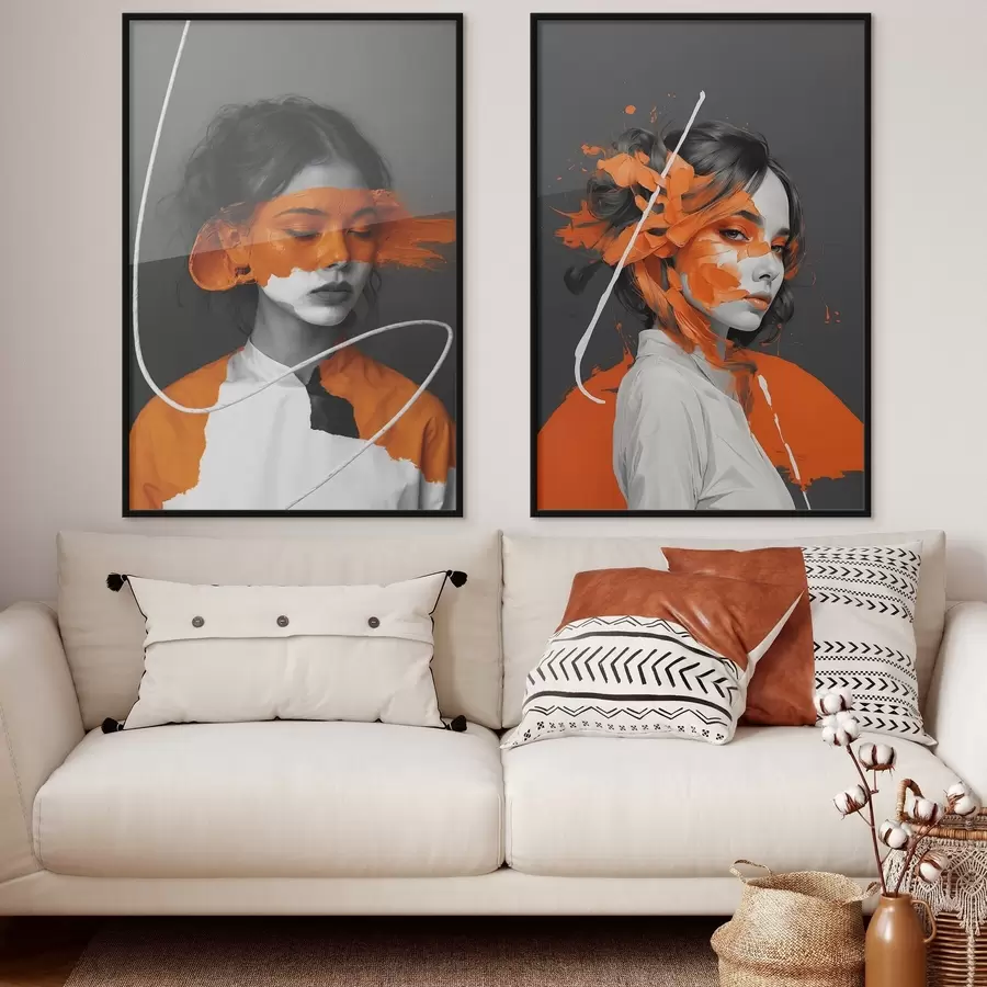 murales de pared Retratos de niñas con pinceladas abstractas de color naranja d00693