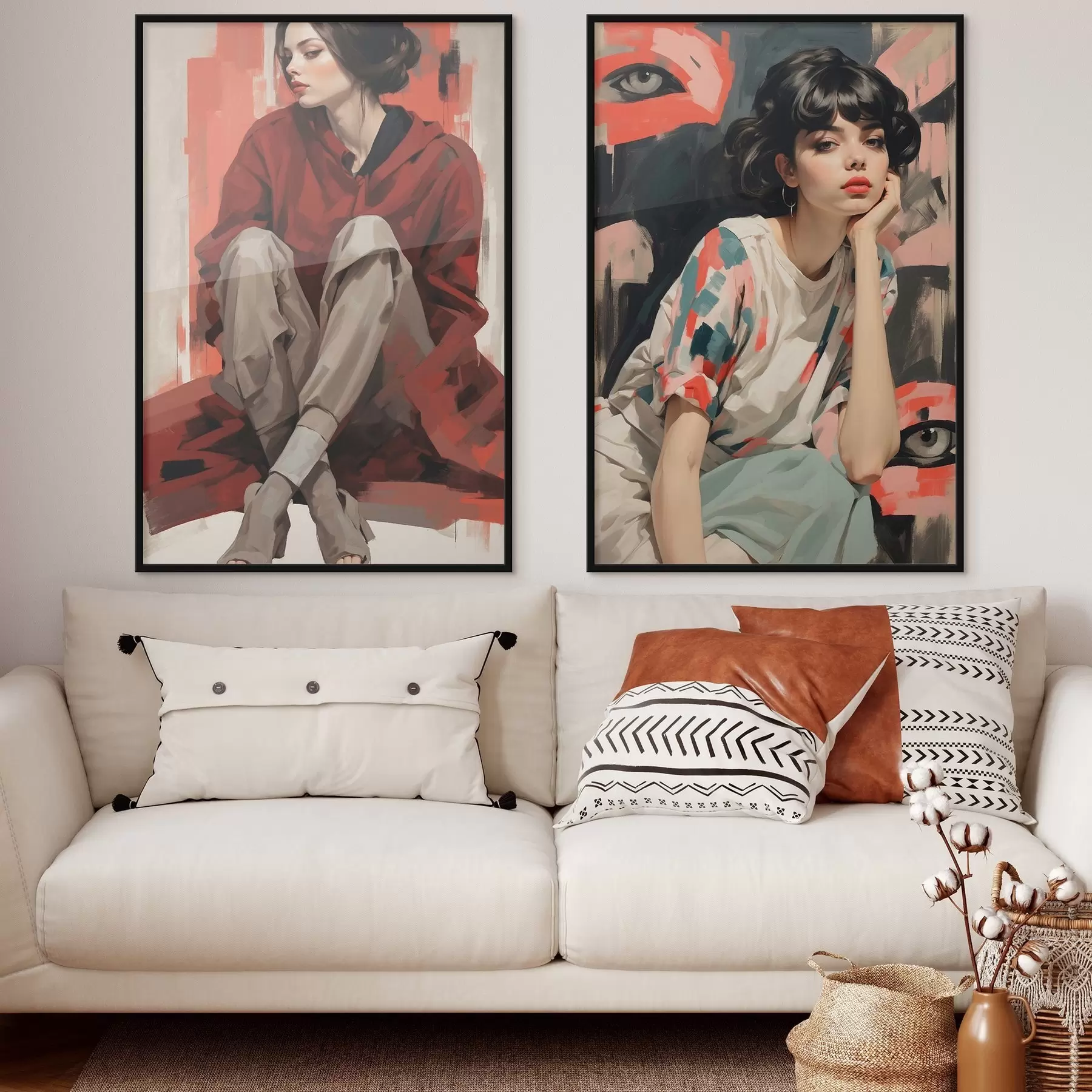 murales de pared Retratos de niñas en rojo y beige estilos abstractos d00695