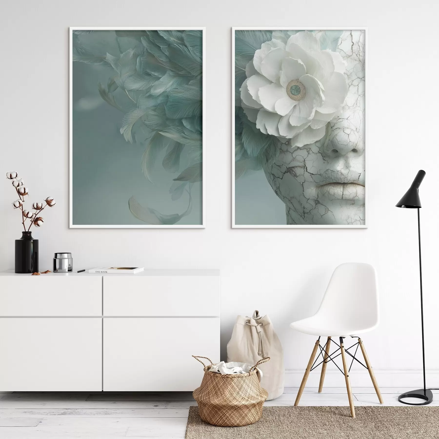 murales de pared rostro de mármol de una niña con una flor y plumas d00699