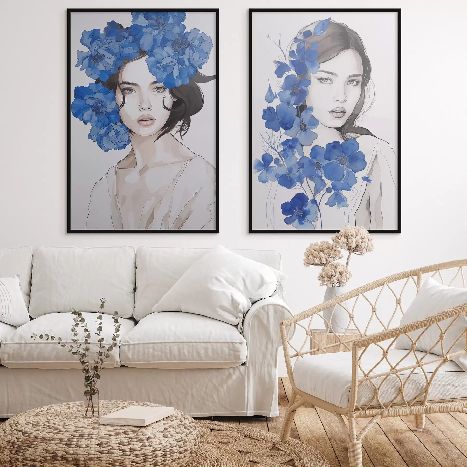 murales de pared Retrato de una niña con flores azules d00721