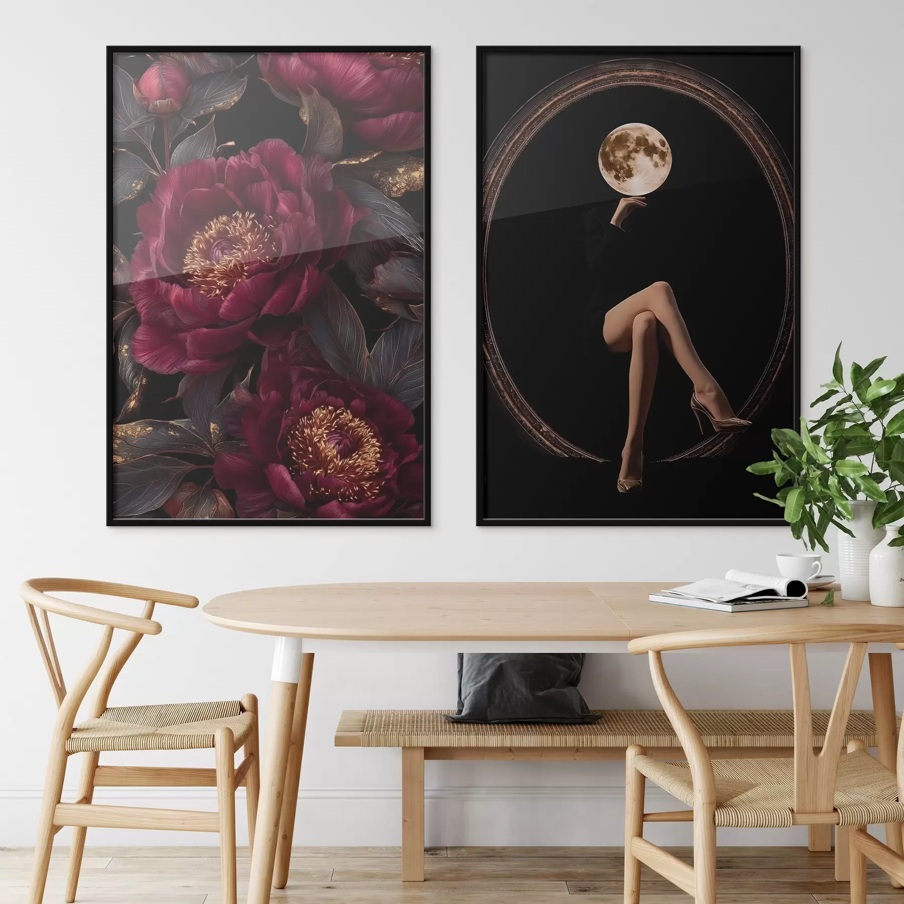 murales de pared Peonías de color burdeos y una silueta con cabeza de luna sobre fondo negro d00765