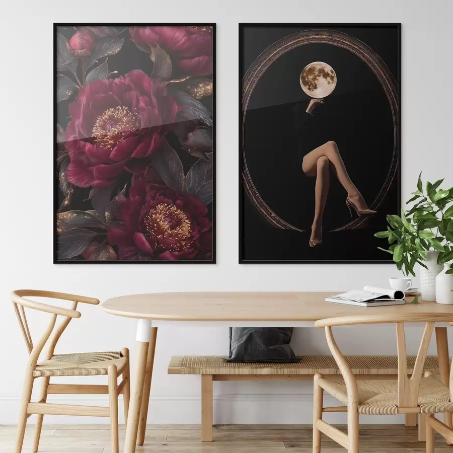 murales de pared Peonías de color burdeos y una silueta con cabeza de luna sobre fondo negro d00765