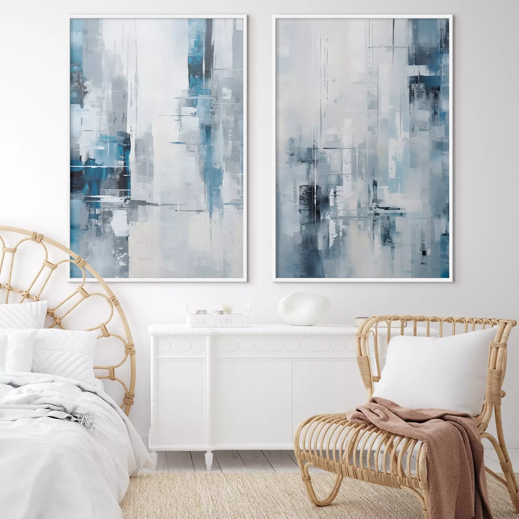 murales de pared Imitación de pintura abstracta con colores azul, gris y blanco, líneas verticales y formas geométricas d00819