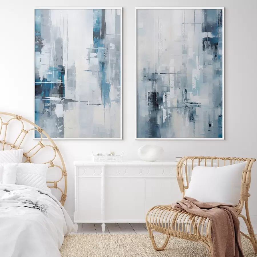 murales de pared Imitación de pintura abstracta con colores azul, gris y blanco, líneas verticales y formas geométricas d00819