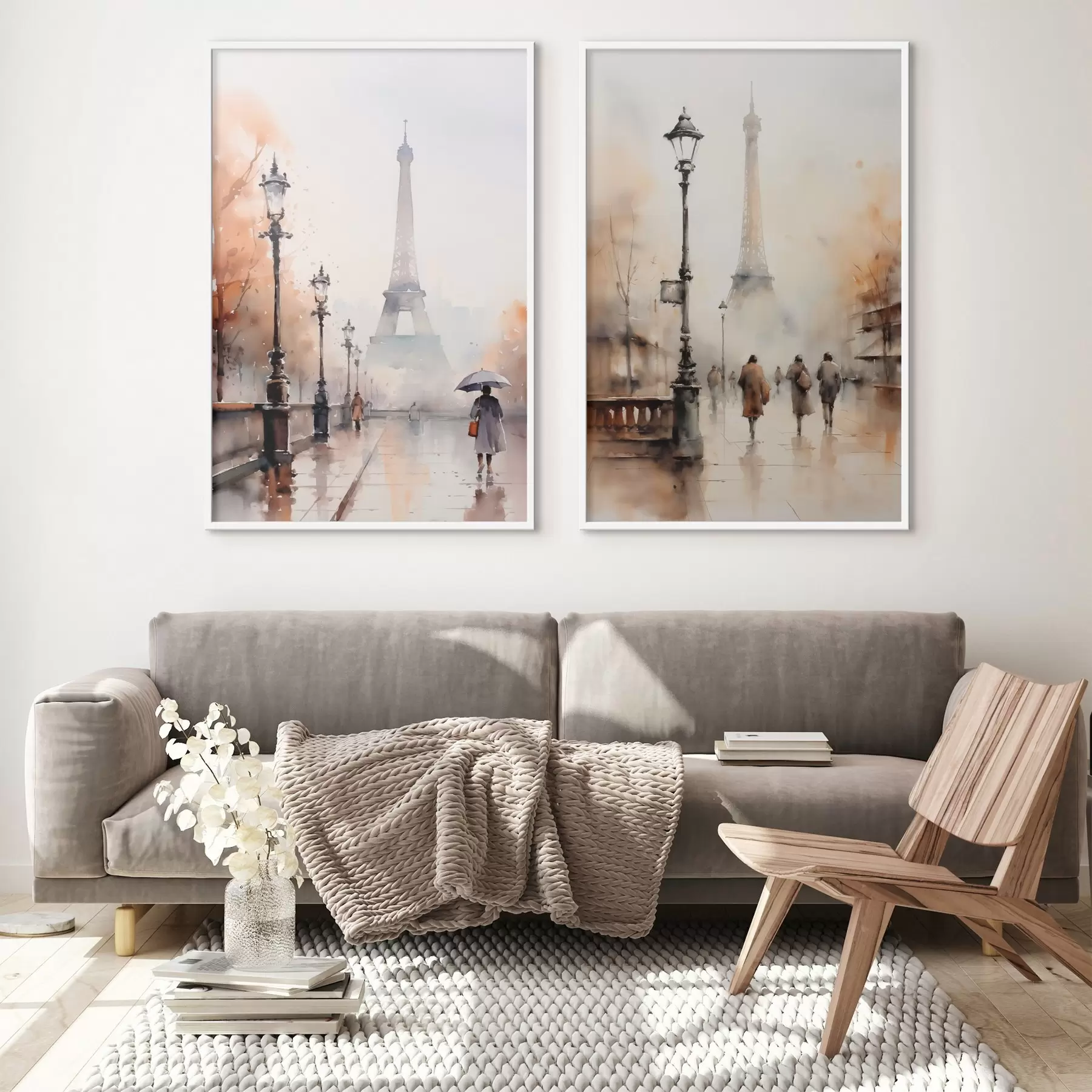 murales de pared Un lluvioso día de otoño en París con la Torre Eiffel al fondo y farolas vintage d00821