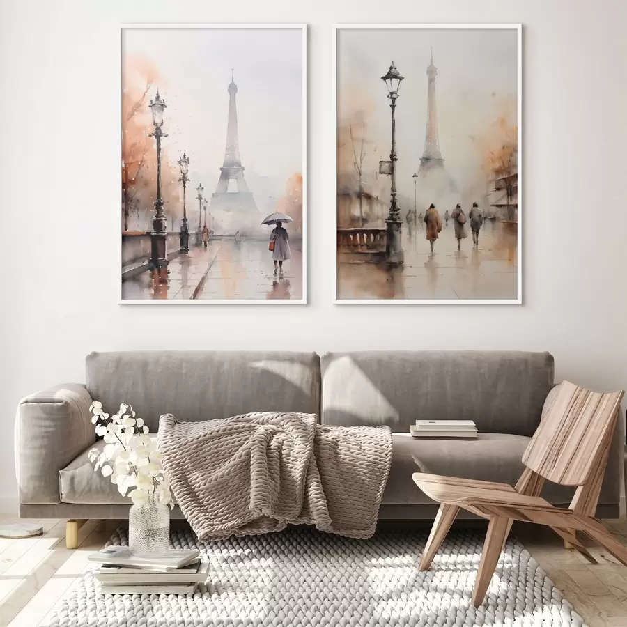 murales de pared Un lluvioso día de otoño en París con la Torre Eiffel al fondo y farolas vintage d00821