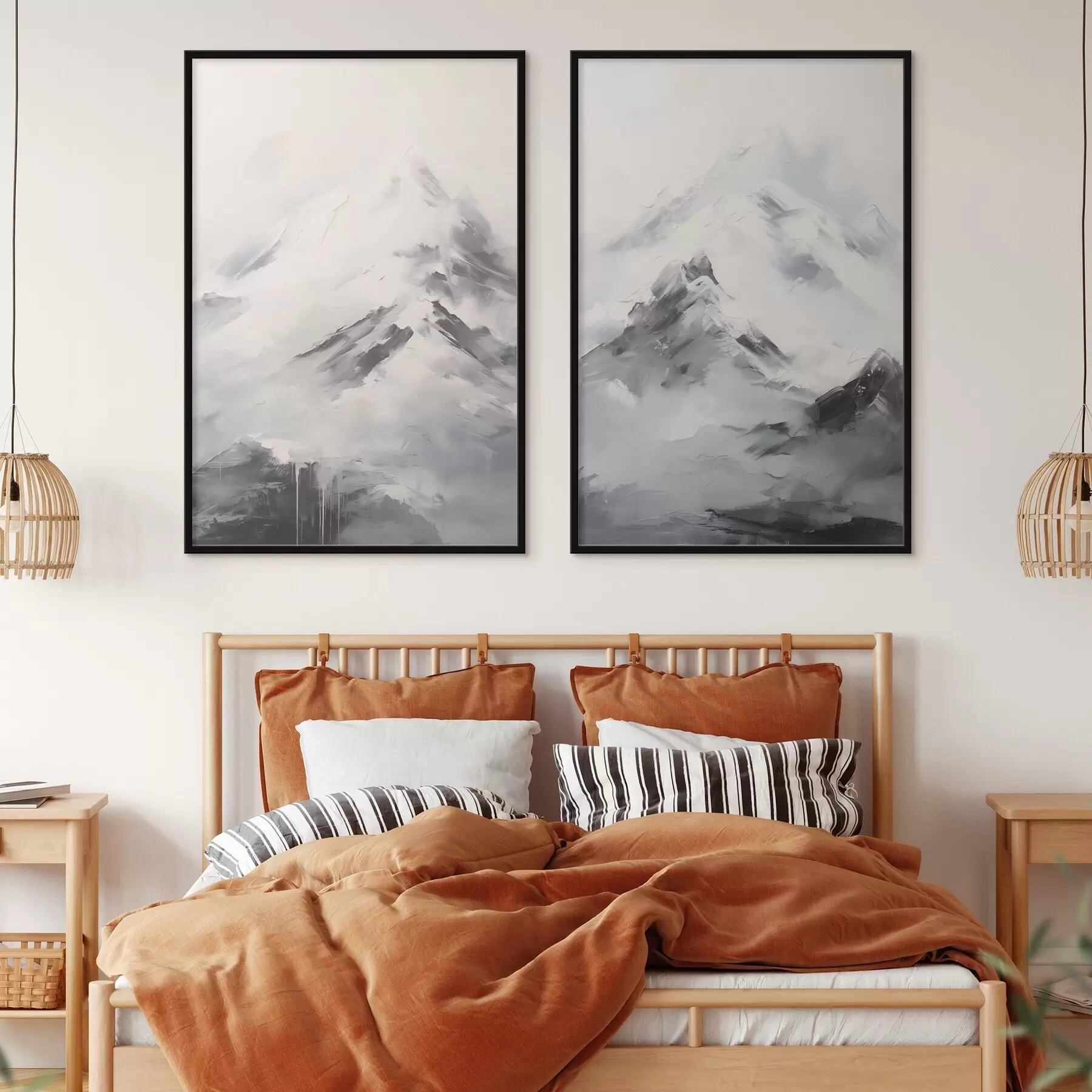 murales de pared Cumbres nevadas con sombras grises, cielo gris, pinceladas, texturizado, minimalista d00822