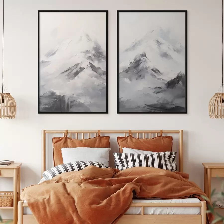 murales de pared Cumbres nevadas con sombras grises, cielo gris, pinceladas, texturizado, minimalista d00822