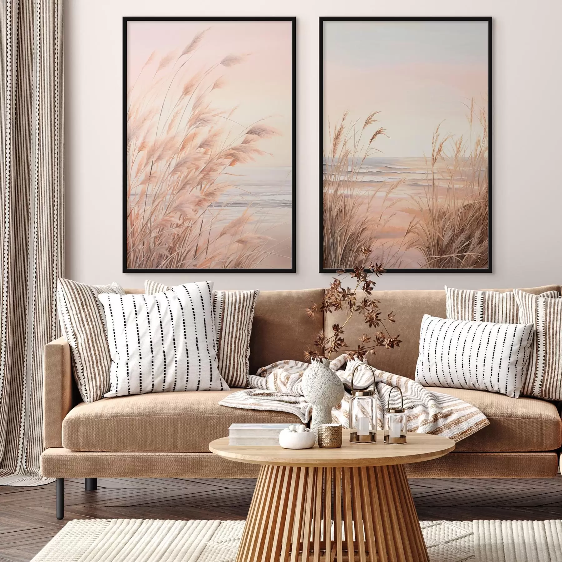 murales de pared Hierba de la pampa con una paleta de colores naranja pastel, cielo rosa claro, un paisaje tranquilo d00823