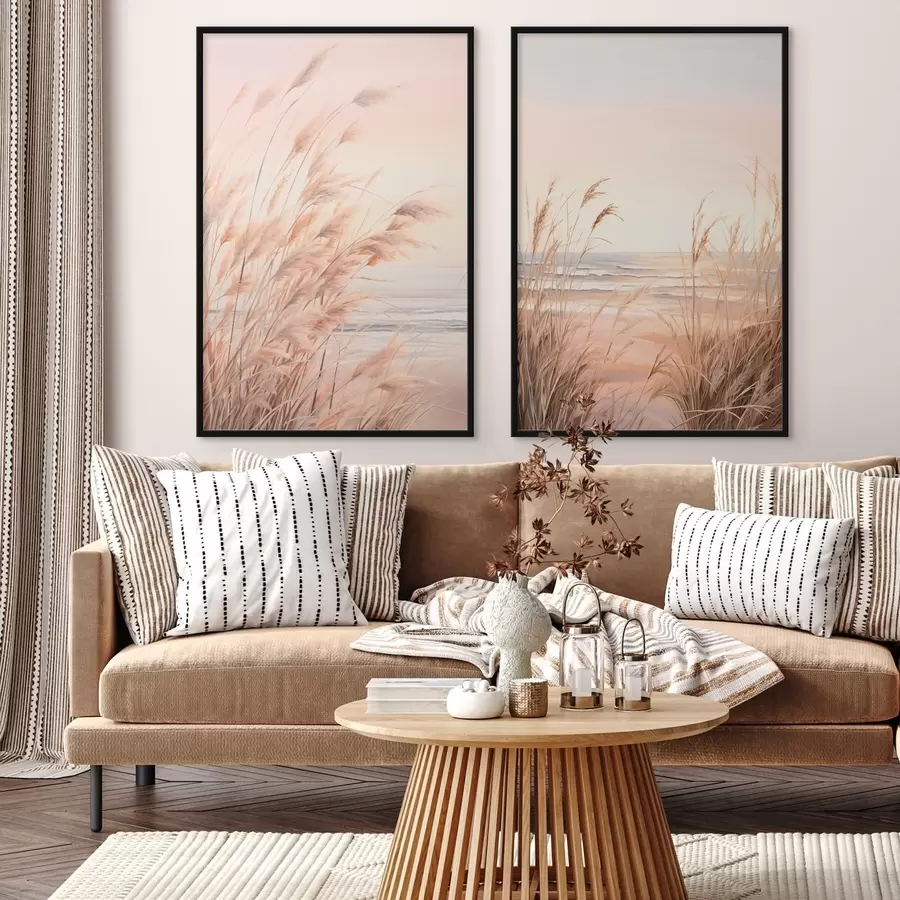 murales de pared Hierba de la pampa con una paleta de colores naranja pastel, cielo rosa claro, un paisaje tranquilo d00823