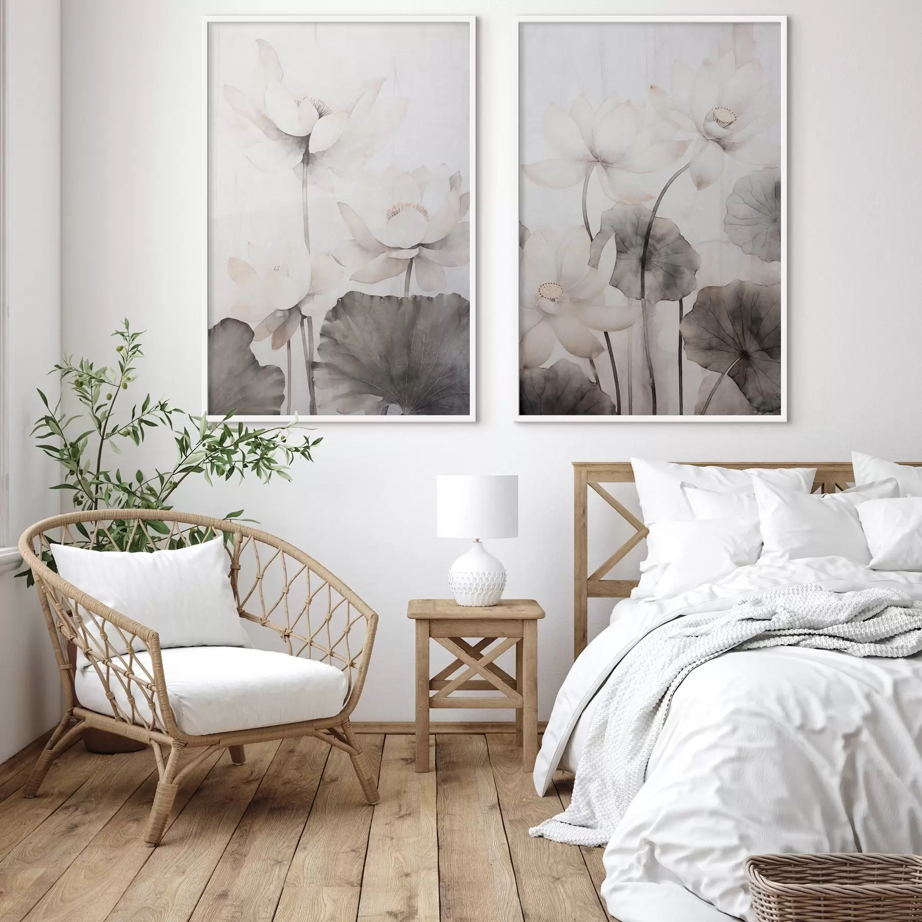 murales de pared Flores de loto blancas con textura y hojas oscuras, fondo claro, diseño minimalista d00824