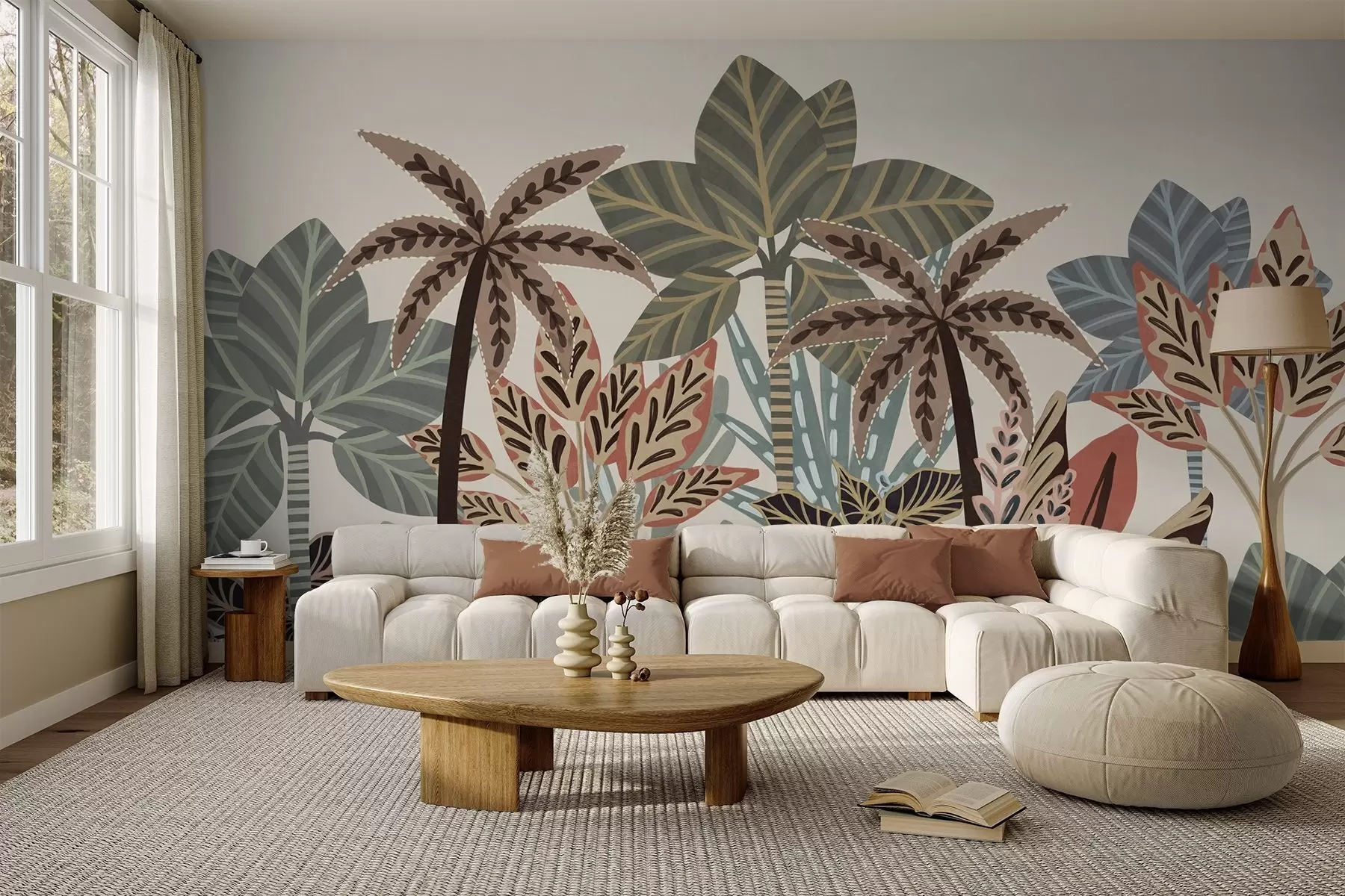 murales de pared Plantas tropicales con textura y palmeras con colores apagados en estilo boho decorativo sobre un fondo crema. w09639