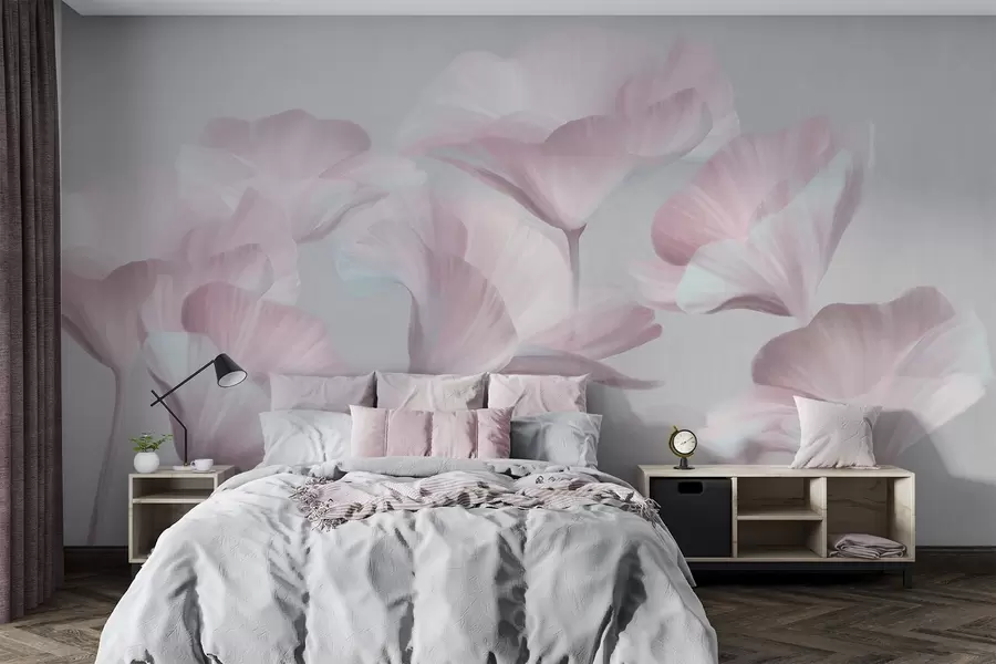 murales de pared Flores de loto translúcidas de color rosa pálido con pétalos delicados sobre un fondo gris apagado. w09640v1