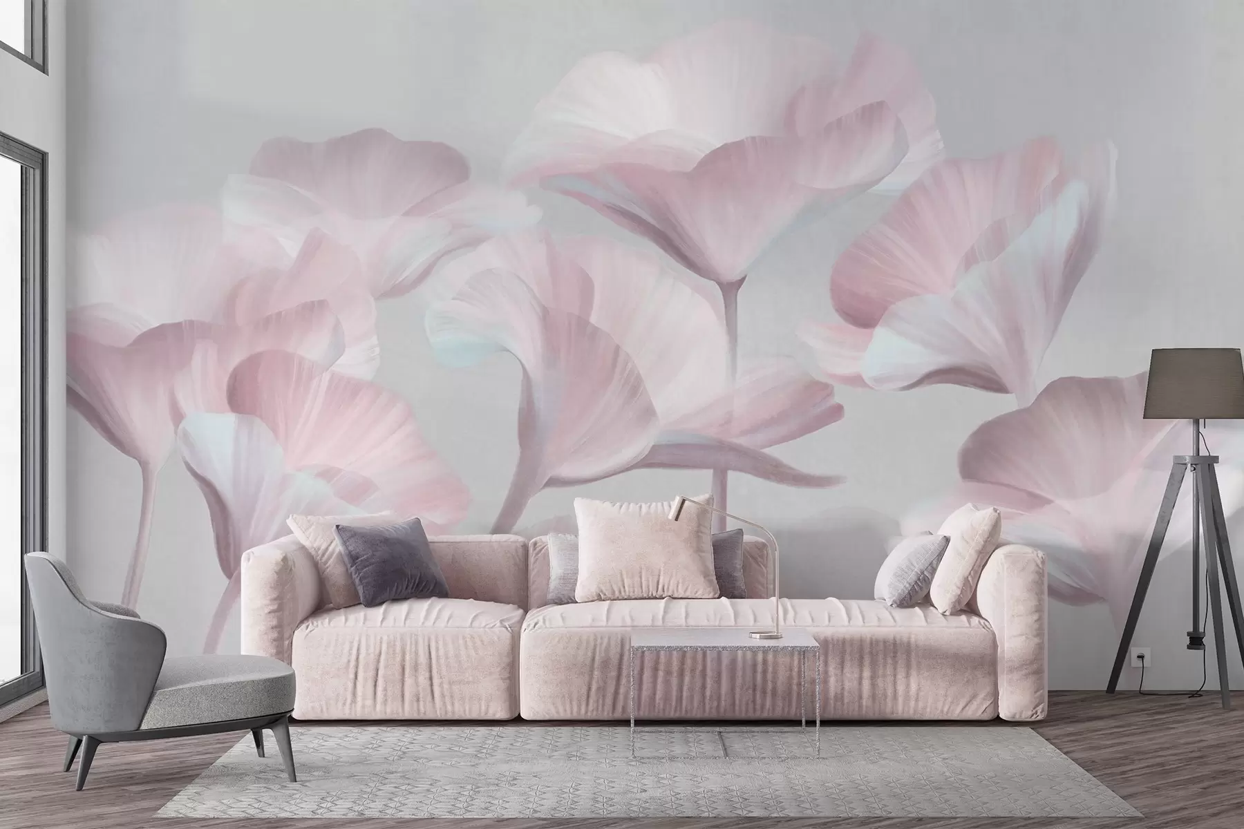 murales de pared Flores de loto translúcidas de color rosa pálido con pétalos delicados sobre un fondo gris apagado. w09640v1