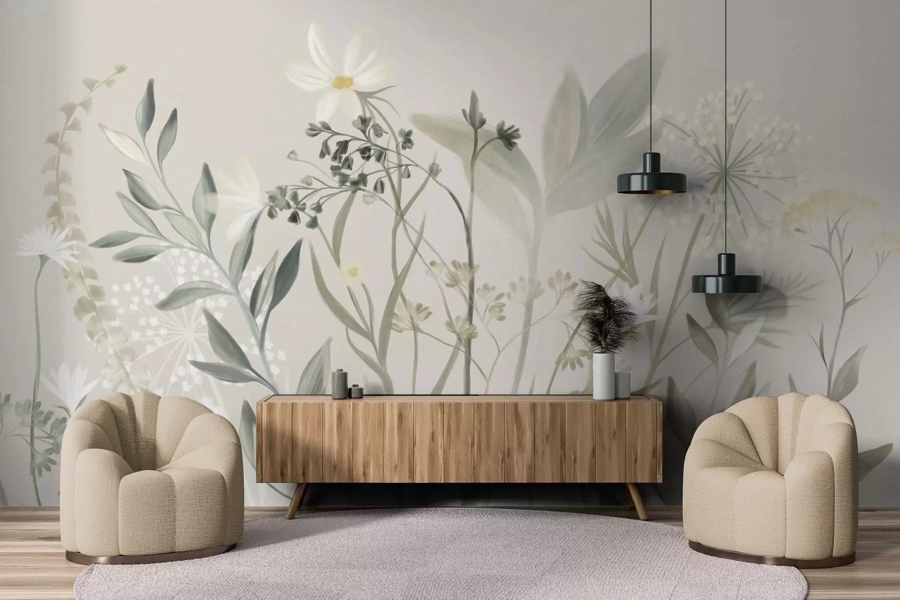 murales de pared Delicadas flores silvestres y follaje con textura en tonos verdes y crema apagados sobre un fondo beige suave. w09641