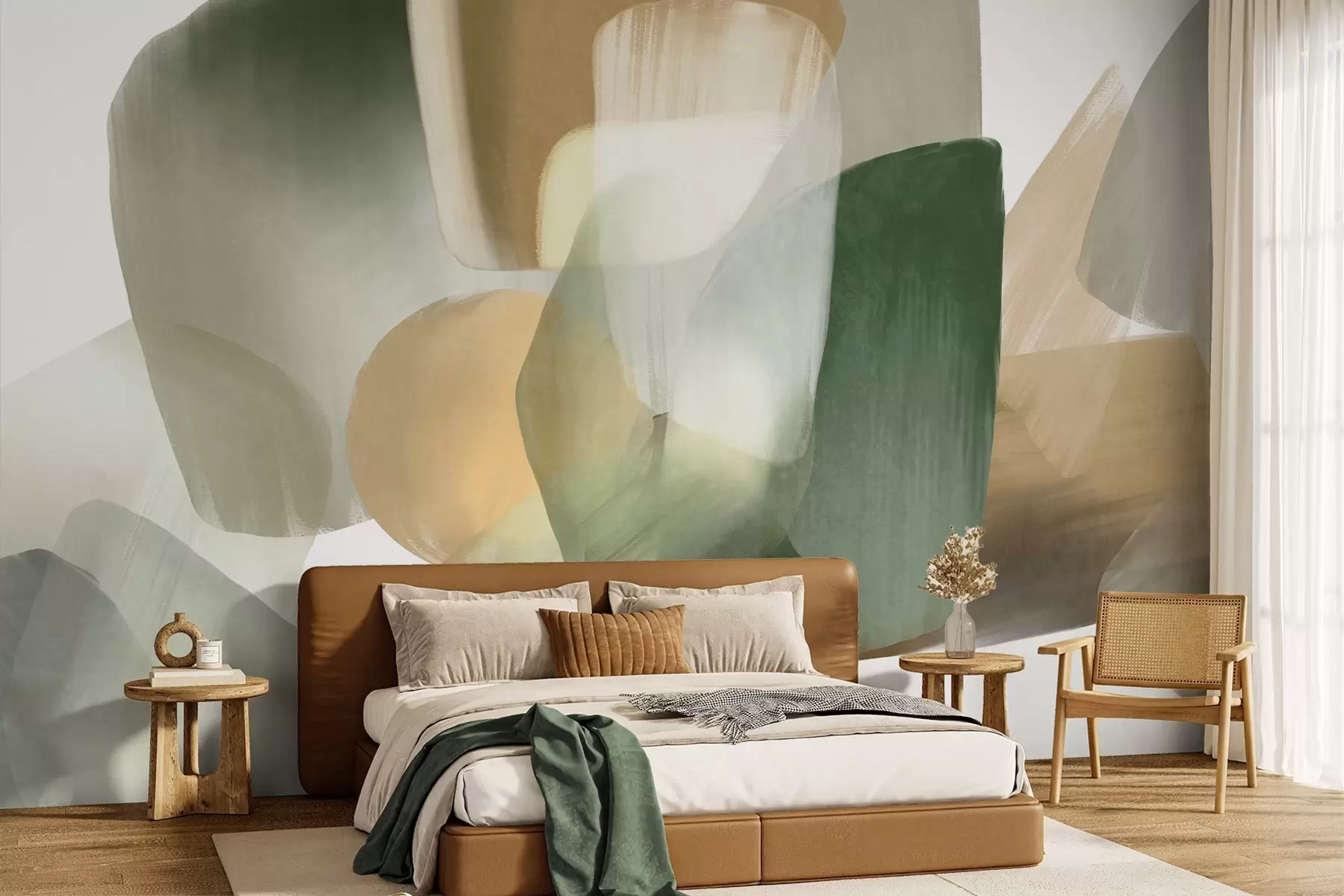 murales de pared Formas abstractas con textura en colores verde y beige apagados, con bordes suaves y capas superpuestas. w09642