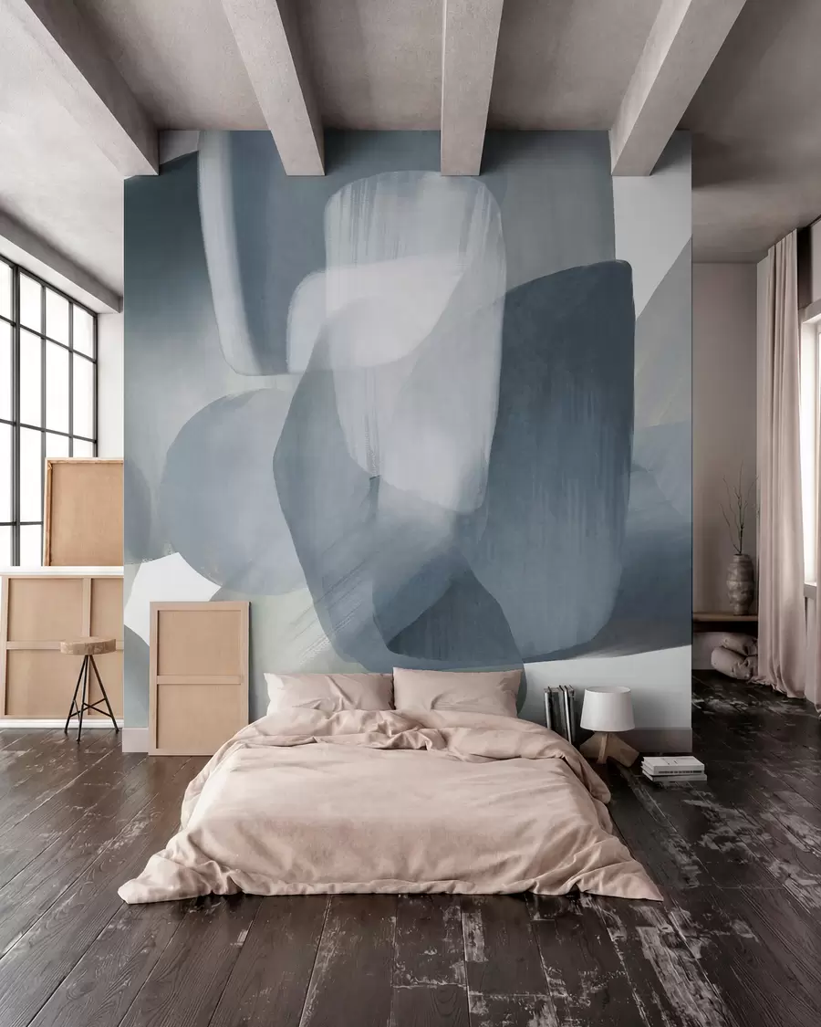 murales de pared Formas abstractas con textura en colores azul y gris apagados, con bordes suaves y capas superpuestas. w09642v1