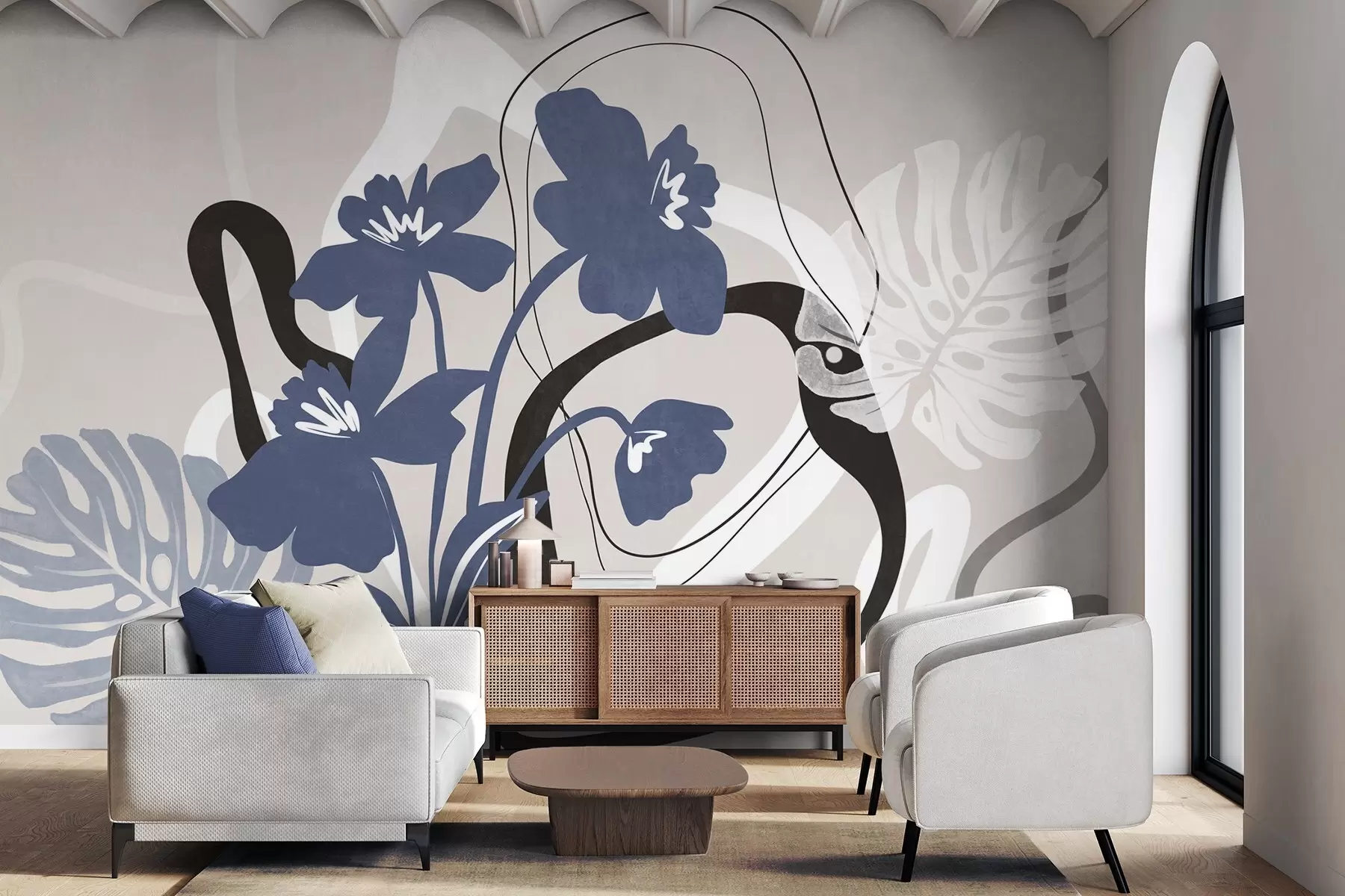 murales de pared Flores azules abstractas con textura y formas blancas y negras sobre un fondo beige claro, arte minimalista. w09645