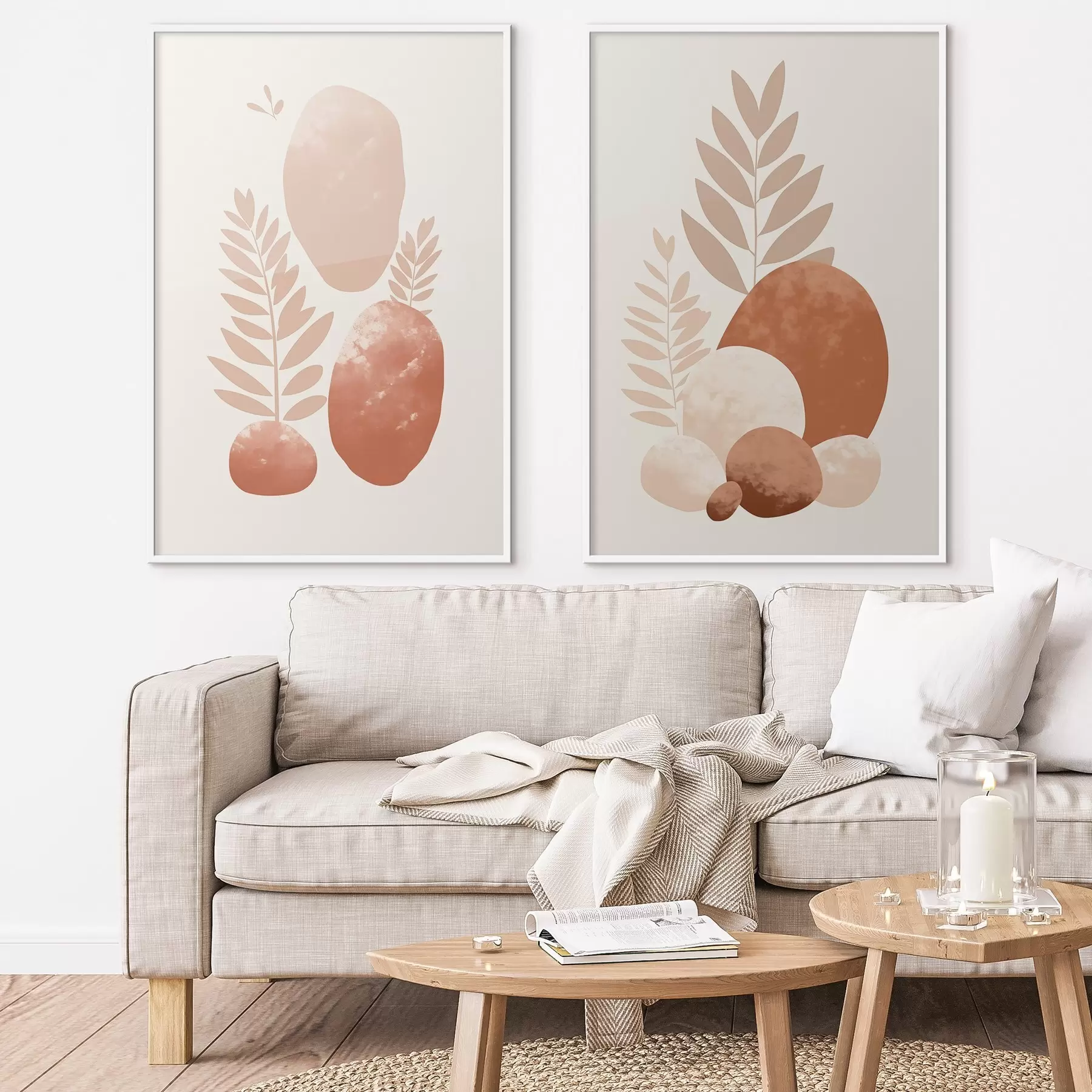 murales de pared Formas abstractas, piedras y hojas con textura en tonos melocotón y terracota apagados, minimalistas, fondo crema. d01114