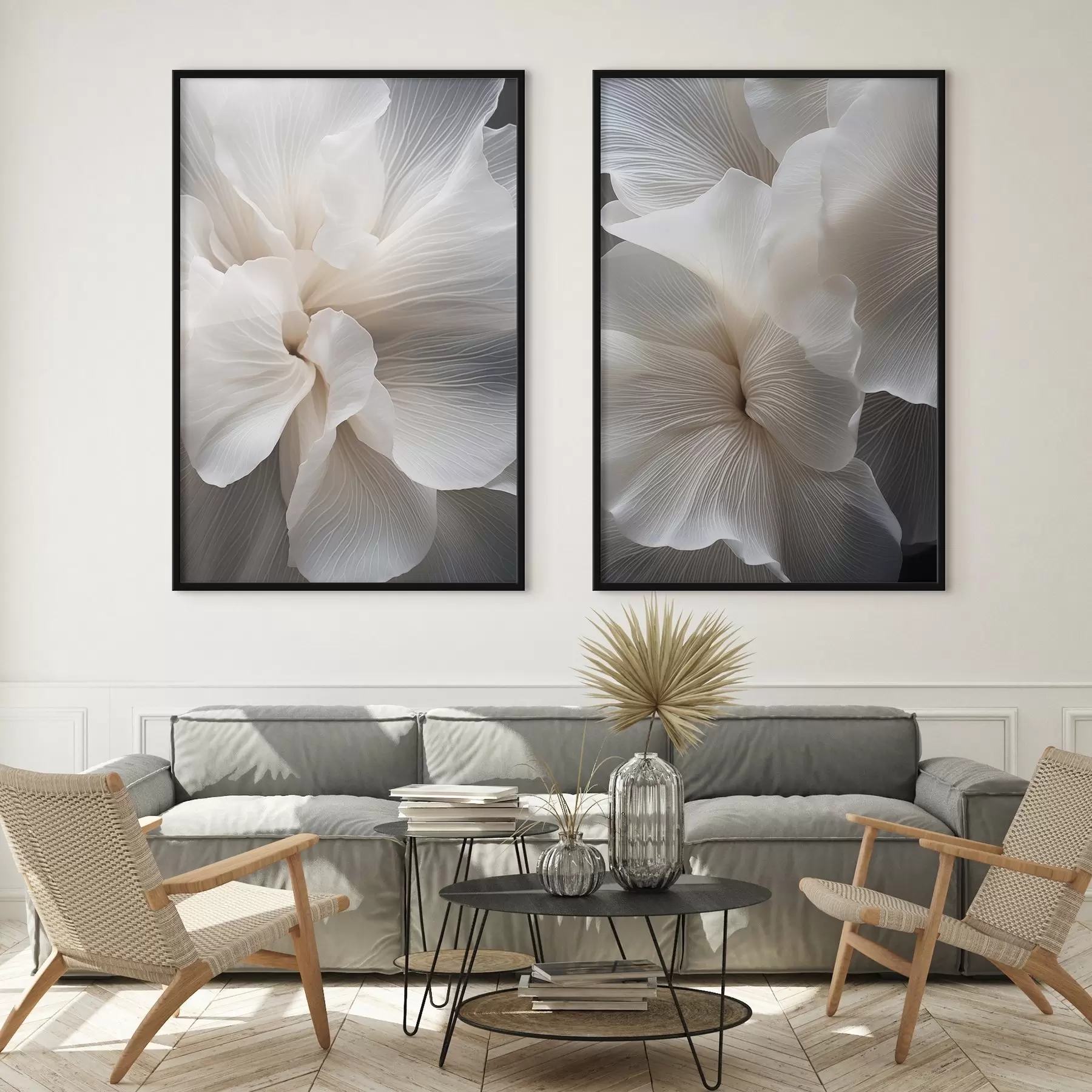 murales de pared Primer plano de delicados pétalos florales blancos abstractos con líneas intrincadas y un fondo oscuro difuminado. d01117