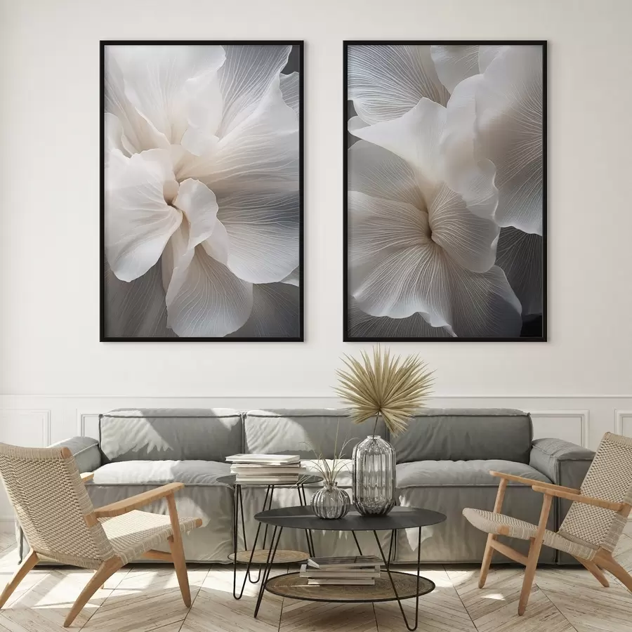 murales de pared Primer plano de delicados pétalos florales blancos abstractos con líneas intrincadas y un fondo oscuro difuminado. d01117