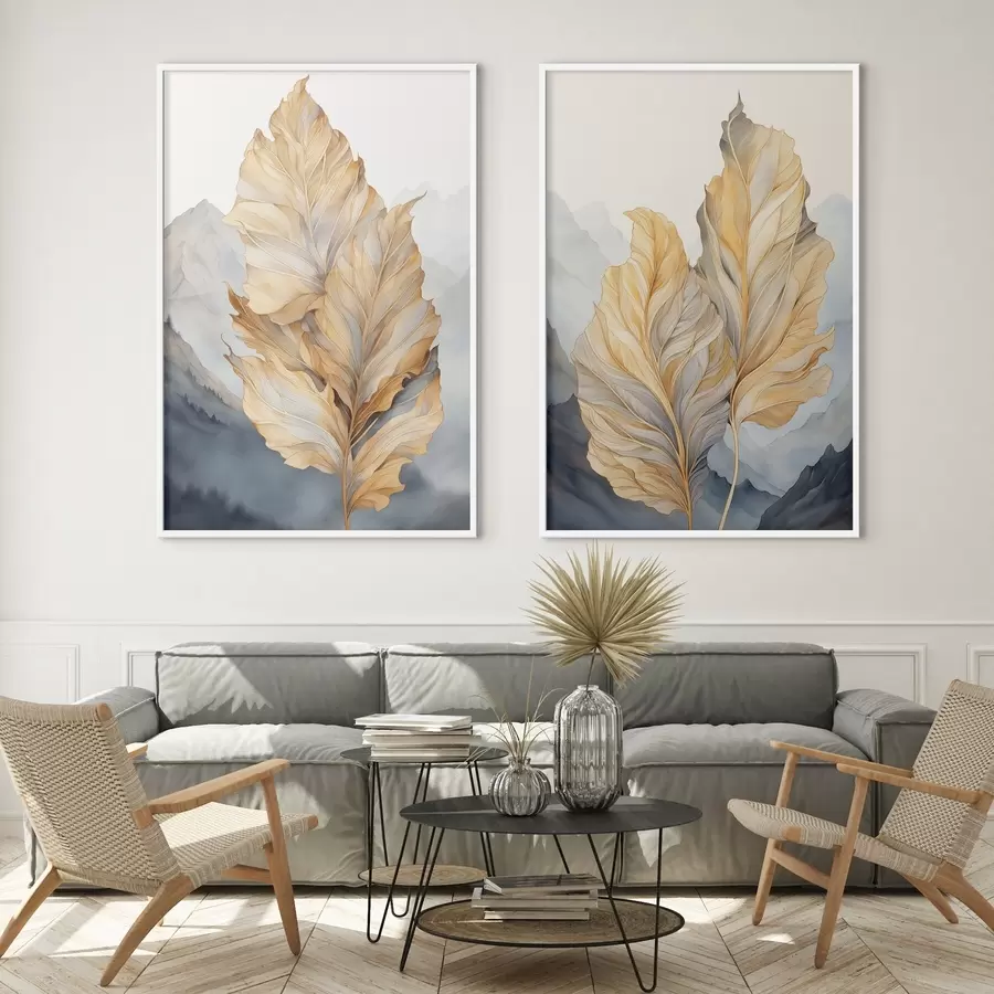 murales de pared Hojas abstractas grandes, amarillas y marrones con detalles intrincados, sobre un paisaje montañoso. d01119