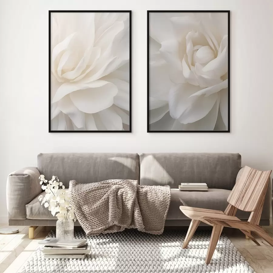 murales de pared Flor abstracta blanca con pétalos delicados y superpuestos, arte minimalista. d01120